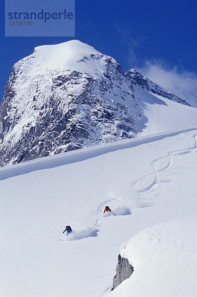 Two young men skiing untracked powder in figure 8's  Bugaboo Glacier Provincial Park  British Columbia  Canada