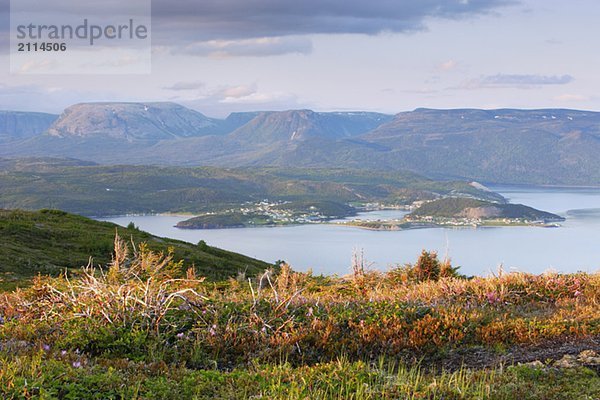 View of Bonne Bay and Gros Morne Mountain at sunset  Gros Morne NP  Newfoundland  Canada