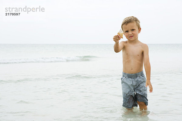 Kleiner Junge steht knietief im Wasser  hält die Muschel hoch  schaut in die Kamera.