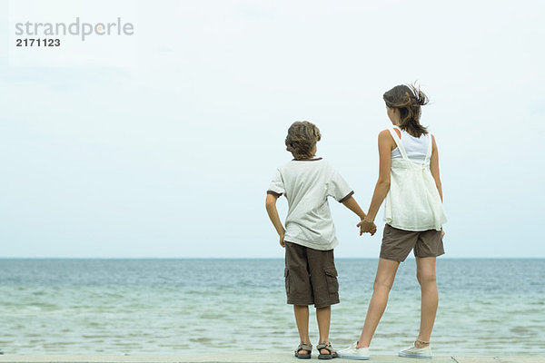 Bruder und Schwester stehen am Strand  halten sich an den Händen und schauen auf die Aussicht.