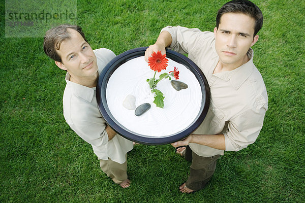 Zwei Männer  die den Steingarten hochhalten  eine berührende Blume  Hochwinkelansicht
