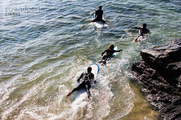 Vier Leute auf Surfbrettern im Wasser.