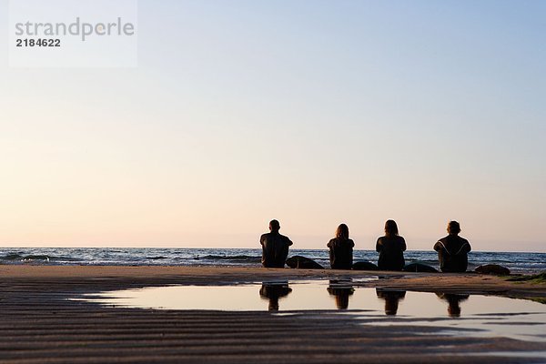 Vier Leute sitzen am Strand mit Surfbrettern.