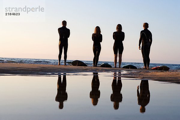 Vier Leute stehen am Strand mit Surfbrettern.