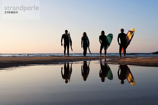 Vier Leute stehen am Strand mit Surfbrettern.