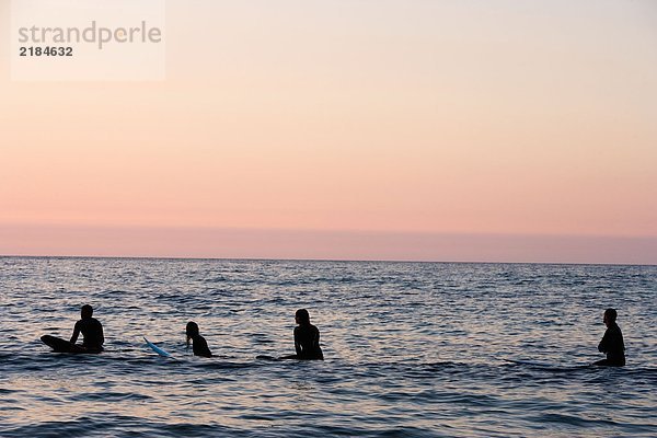 Vier Leute sitzen auf Surfbrettern im Wasser.