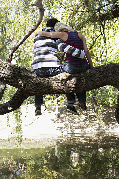 Ein Paar sitzt auf einem Baum am See.
