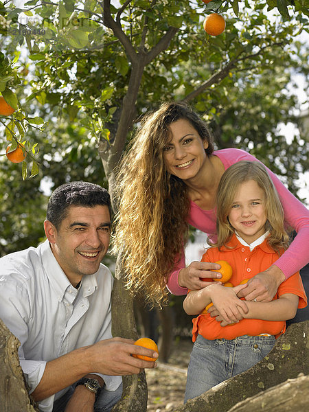 Porträt eines jungen Mädchens (5-7) und Eltern mit Orangen  Alicante  Spanien