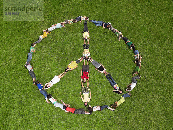 Gruppe auf Gras liegend in einer Friedenszeichenformation