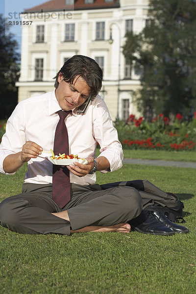 Geschäftsmann auf dem Platz  der auf der Wiese auf dem Handy sitzt  während er Pommes frites lacht.