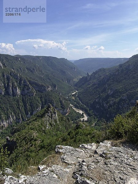 Erhöhte Ansicht der Fluss  der durch Berge  Point Sublime  Lozère  Languedoc-Roussillon  Frankreich