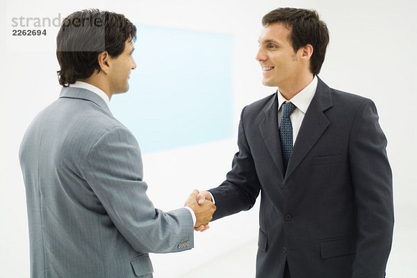 Zwei Geschäftsleute schütteln sich die Hand  lächeln sich an  Seitenansicht