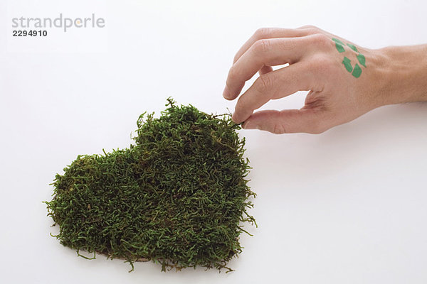 Hand mit grünem Schild auf herzförmigem Gras