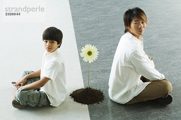 Vater und Sohn sitzen Rücken an Rücken auf dem Boden  zwischen ihnen wachsen Gerbera-Gänseblümchen  beide mit Blick auf die Kamera.