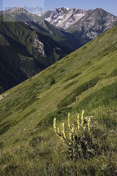 Italien  Marche  Monti Sibillini Nationalpark: Blick auf Vettore Mount auf der linken und der Gipfel des Redentore Mount auf der rechten Seite
