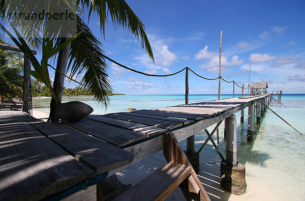 Pier und Palm Trees am Strand  Tuamotu-Archipel  Französisch-Polynesien  Polynesien  Pacific Island