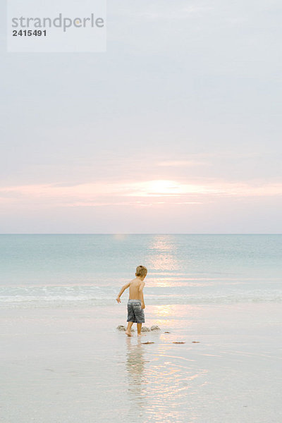 Kleiner Junge spielt am Strand bei Sonnenuntergang  Rückansicht  volle Länge