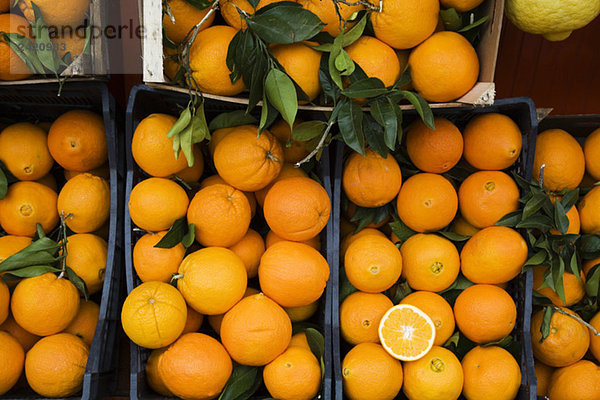 Orangen in Kisten  Marktstand  erhöhte Ansicht