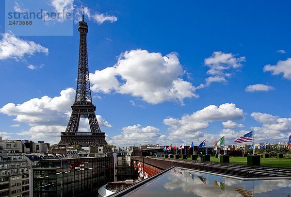 Flags auf Gebäude vor der Turm  Kai Branly Museum  Eiffelturm  Paris  Ile  Frankreich