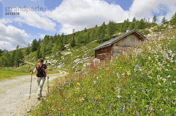 Frau Wandern auf ländlichen Pfad  Südtirol  Italien