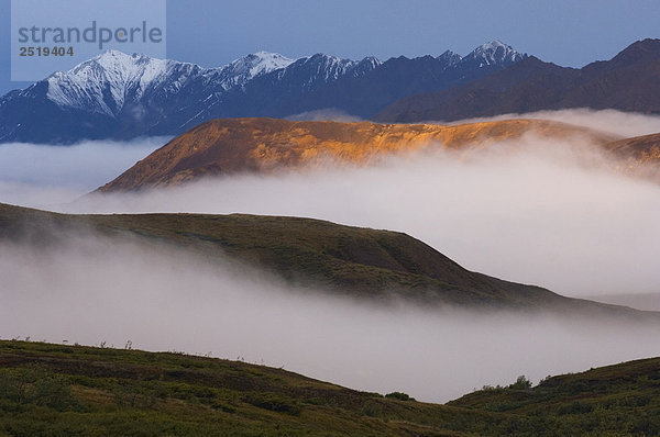 Nebel lässt sich zwischen Bergrücken bei Sonnenaufgang in Sable Pass  Denali-Nationalpark in Alaska.