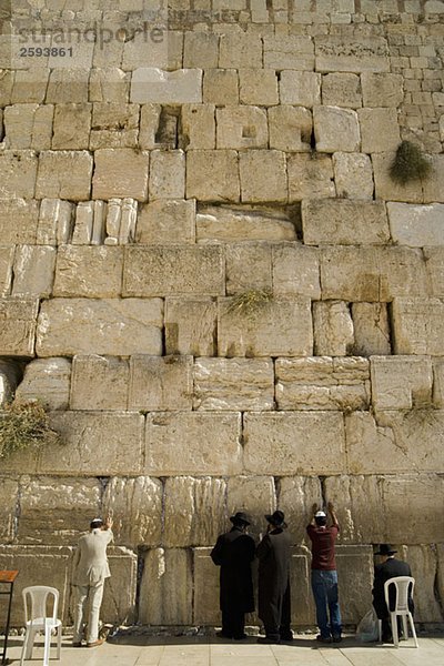 Fünf Männer beten an der Klagemauer  Rückansicht