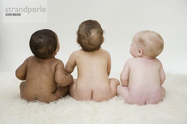 Drei Babys sitzend in einer Reihe  Rückansicht