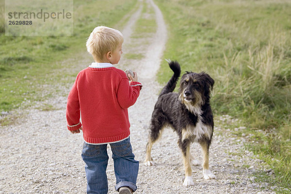 Kleiner Junge (3-4) spielt mit Hund