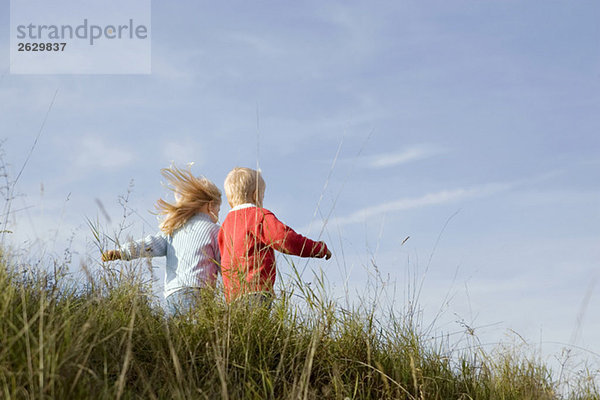 Kleines Mädchen und Junge (3-4) beim Spielen im Freien  Rückansicht