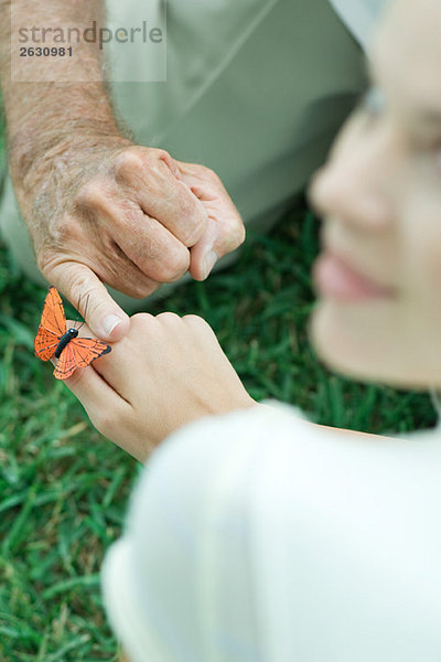 Schmetterling landet auf der Hand eines Teenagers  Mann berührt seine Hand mit dem Finger  über der Schulteransicht.