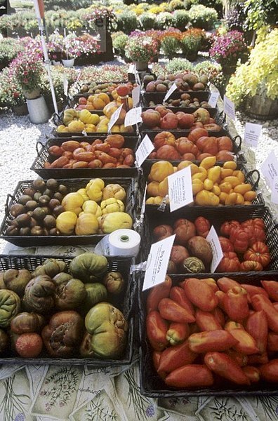 Verschiedene Heirloom Tomaten in Körben auf einem Markt