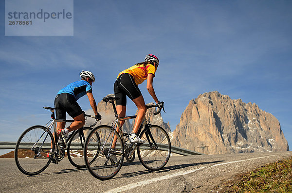 Rückansicht des zwei Mountainbiker Radfahren zusammen  Dolomiten  Italien
