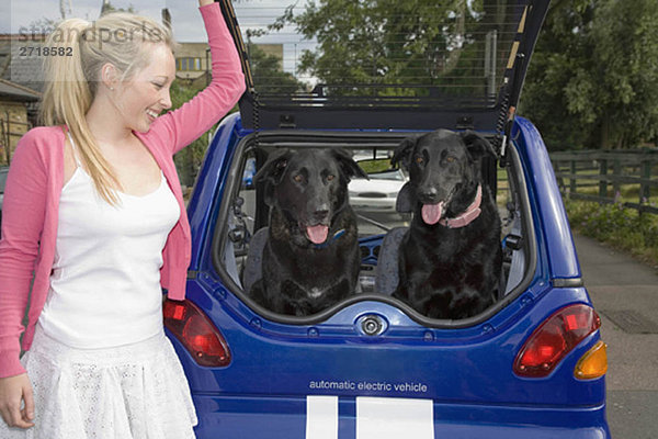 Junge Frau mit Hunden im Elektroauto