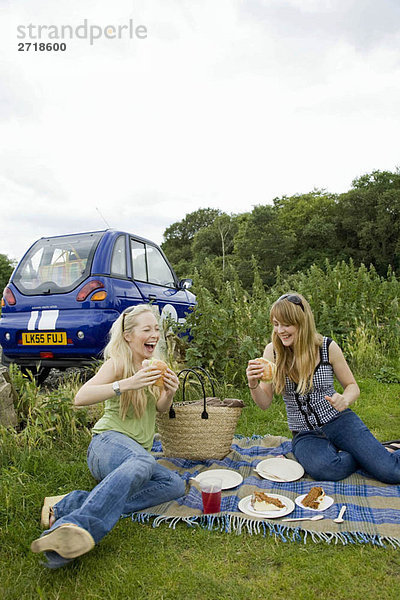 Junge Frauen picknicken mit dem Elektroauto