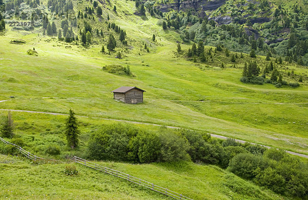 Italien  Südtirol  Scheune im Feld  erhöhte Ansicht