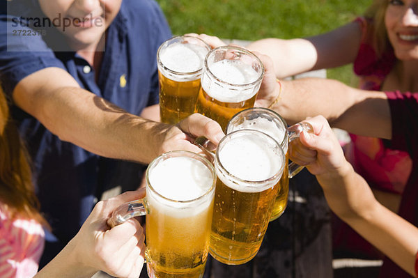 Deutschland  Bayern  Oberbayern  Fröhliche Menschen stoßen sich im Biergarten an  erhöhte Aussicht