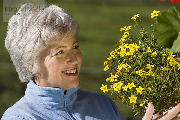 Österreich  Seniorin beim Anblick von Blumen  lächelnd  Portrait