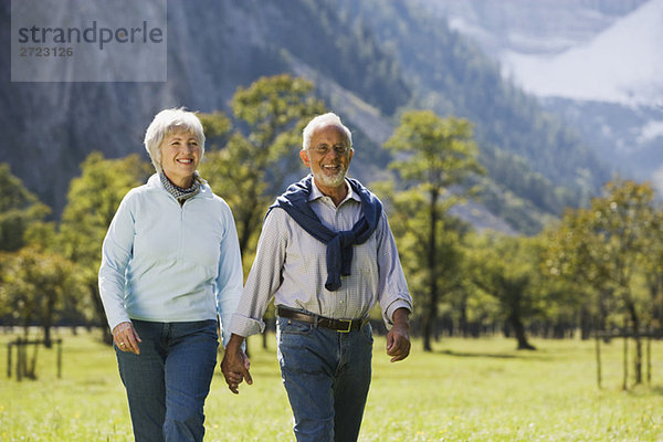 Österreich  Karwendel  Ahornboden  Seniorenpaar über Wiese  Hand in Hand