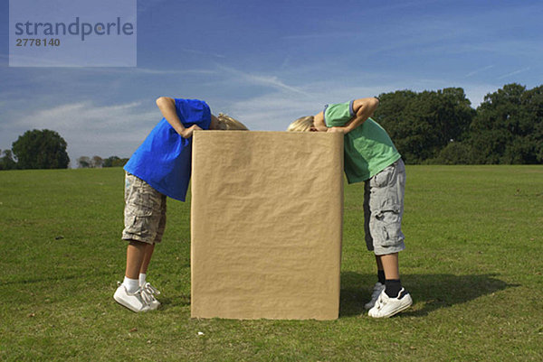 zwei Jungen  die in die Kiste schauen