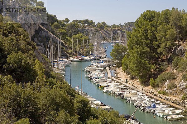 Erhöhte Ansicht der Boote in kleinen Buchten  Cassis  Bouches-du-Rhône  Provence-Alpes-Côte d ' Azur  Frankreich