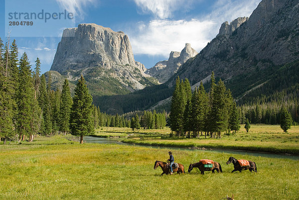 Person Reiten Pferd mit Berg im Hintergrund  Wind River Range  Wyoming  USA