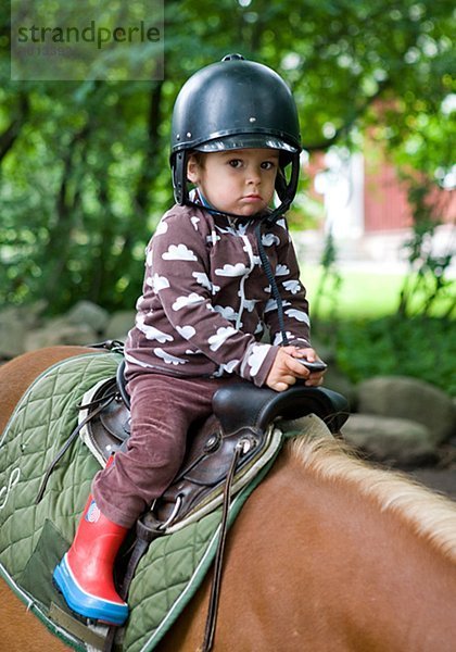 Ein kleiner Junge Schweden eine Pferd Reiten.