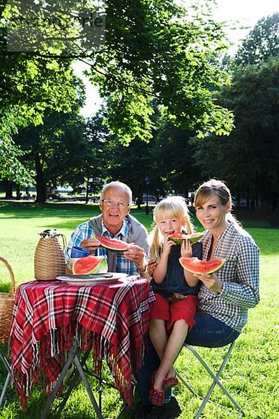 Senior Männer Frauen und Mädchen mit einem Picknick Schweden.