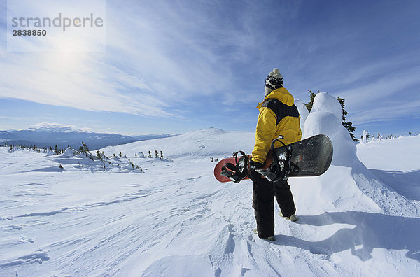 Snowboarder in alpine  Hudson Bay Mountain  Smithers  British Columbia  Kanada.
