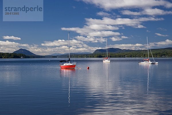 Tour Boote und Segelboote vertäut am See Memphremagog  Eastern Townships  Québec  Kanada.