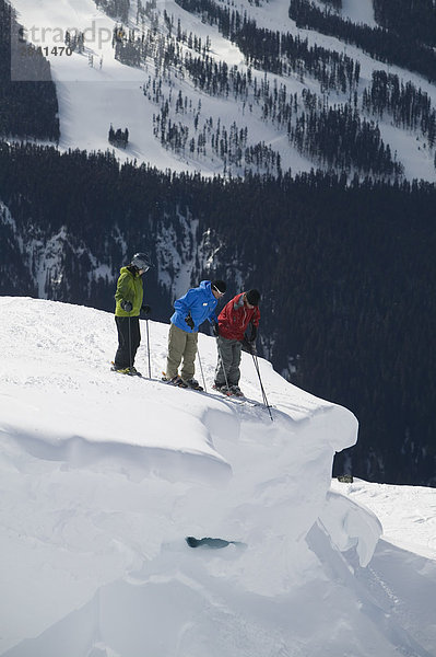 Eine Gruppe von Skifahrer Auschecken einer Klippe  Whistler Mountain  British Columbia  Kanada.