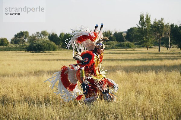 Blackfoot Blut (Plains Indian First Nations) Tänzer tanzen in traditionellen Mens fancy Tanz Outfit in Indian Schlacht Park  Lethbridge  Alberta  Kanada