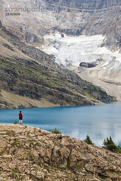 Eine Frau mit Blick auf See McArthur in der Region Lake Ohara Yoho Nationalpark  British Columbia  Kanada.