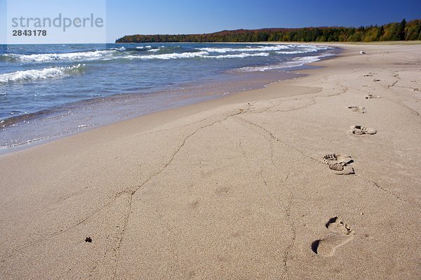 Spuren im Sand entlang der Bucht Strand von Pfannkuchen in Pfannkuchen Bay Provincial Park  Lake Superior  großen Seen  Ontario  Kanada.