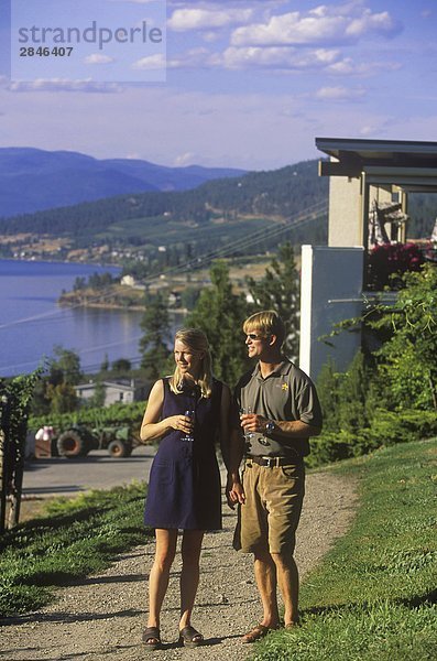 Paar zu Fuß in Weinberge an Gray Mönch Weingut  Okanagan Zentrum  British Columbia  Kanada.